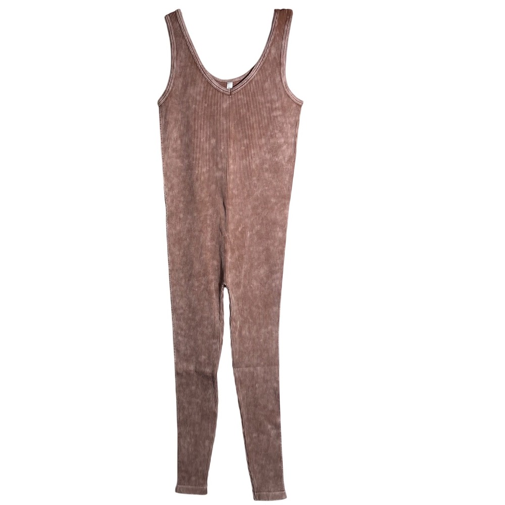 Zenana Ribbed Mineral Wash Sleeveless Jumpsuit Unitard Brown NPW-6369A S/M NWOT